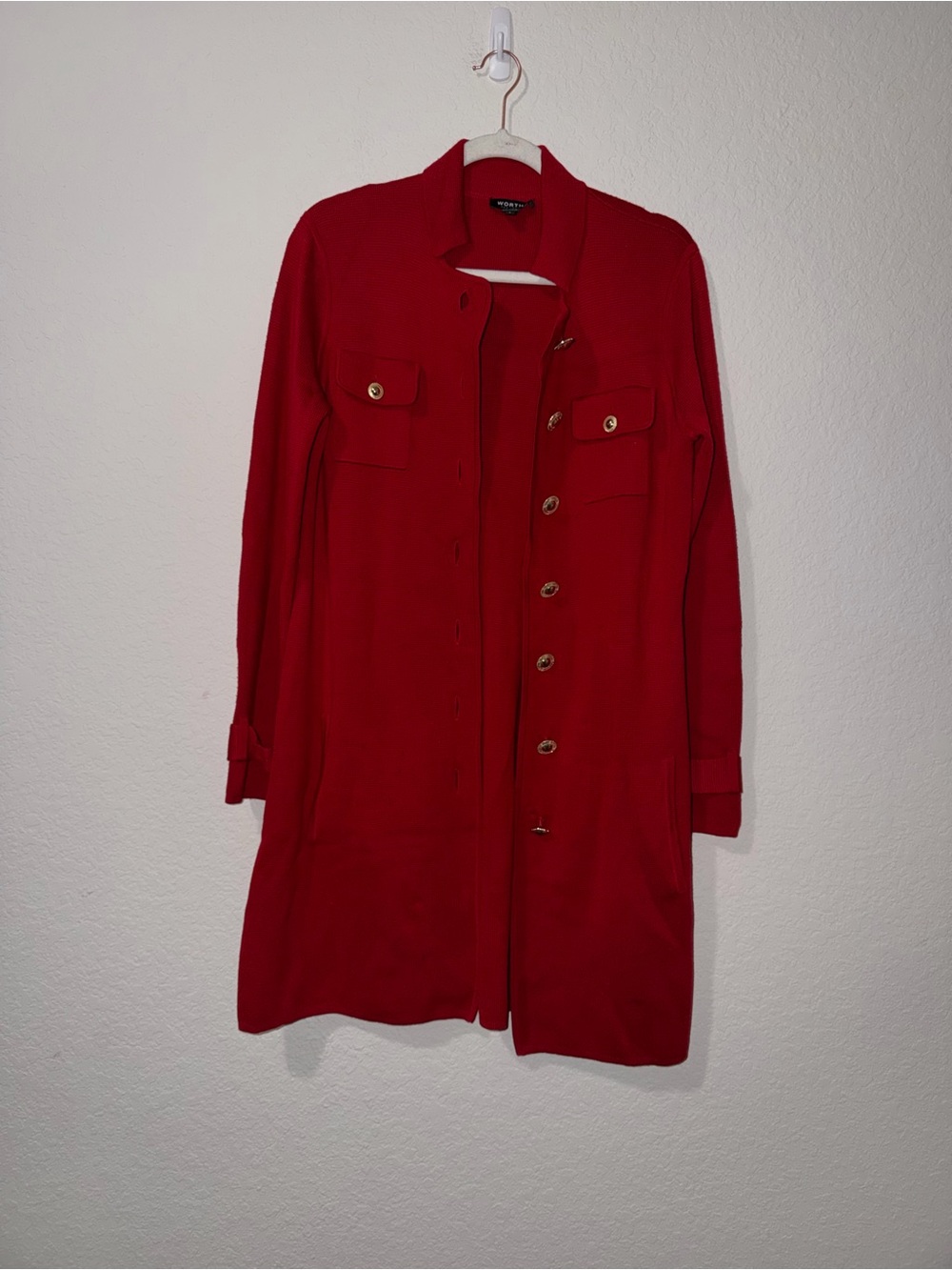 Worth New York Long Red Button-Front Wool Cardigan